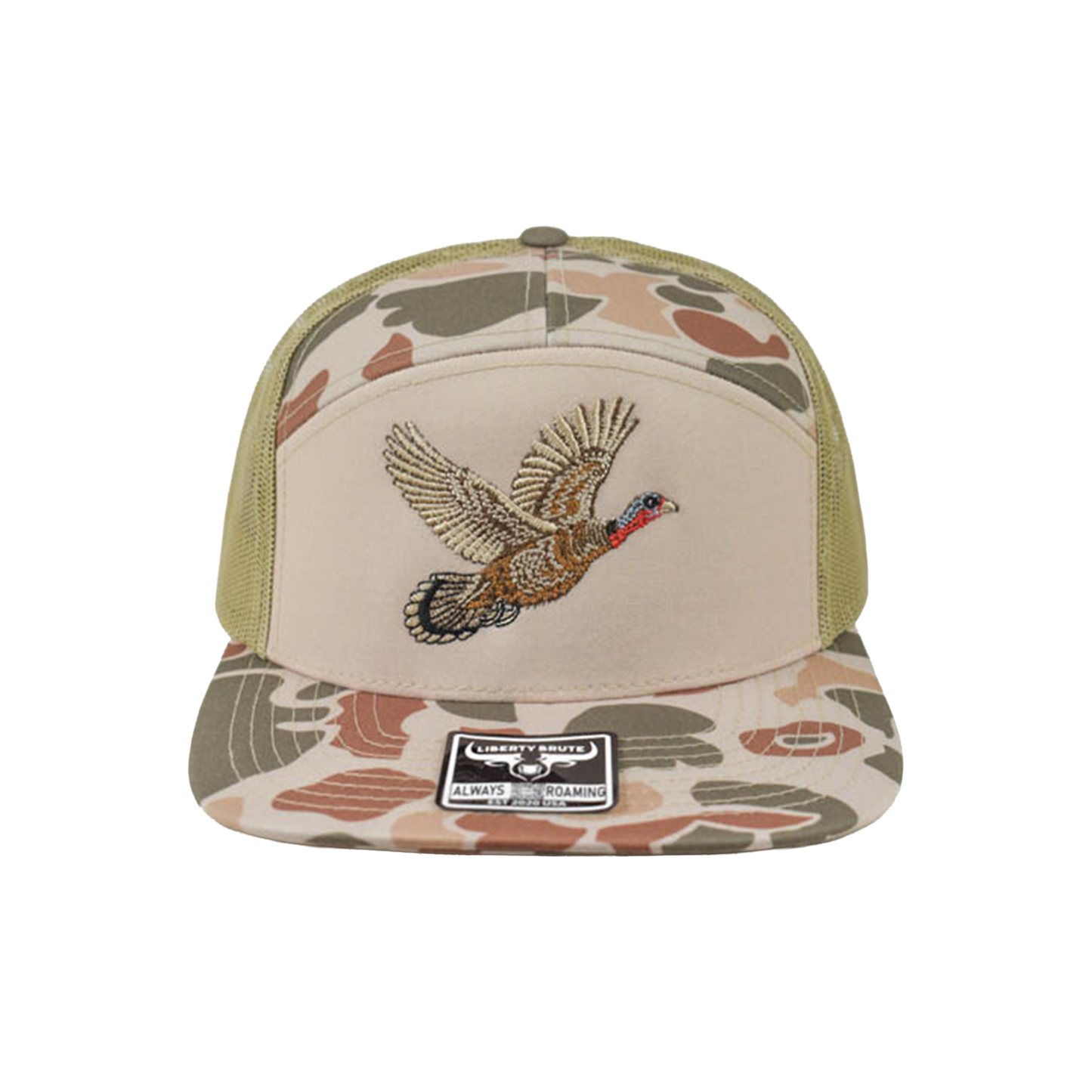 Liberty Brute: Flying Turkey Embroidery Cap, 7 Panel Style, Flat Bill