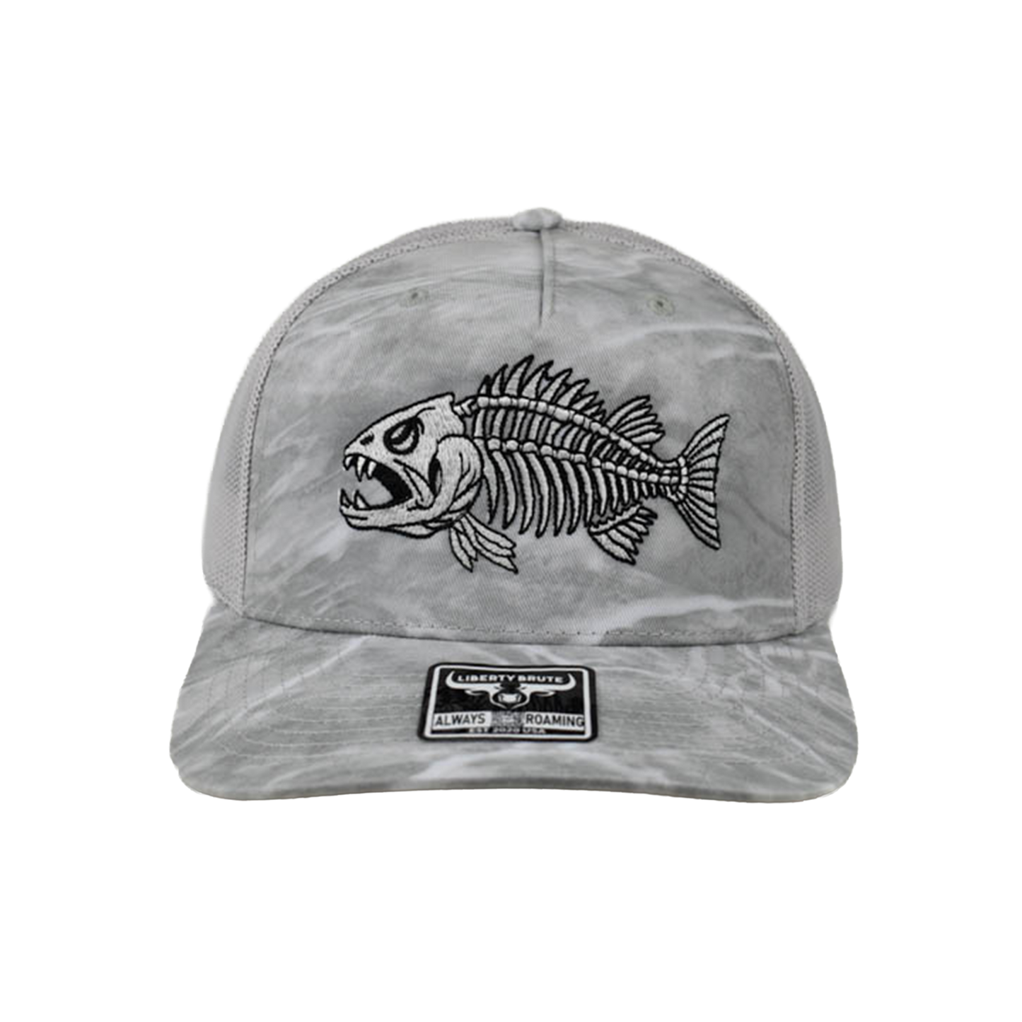 Liberty Brute: Skeleton Fish Embroidery Cap, Camo Print, Five Panel