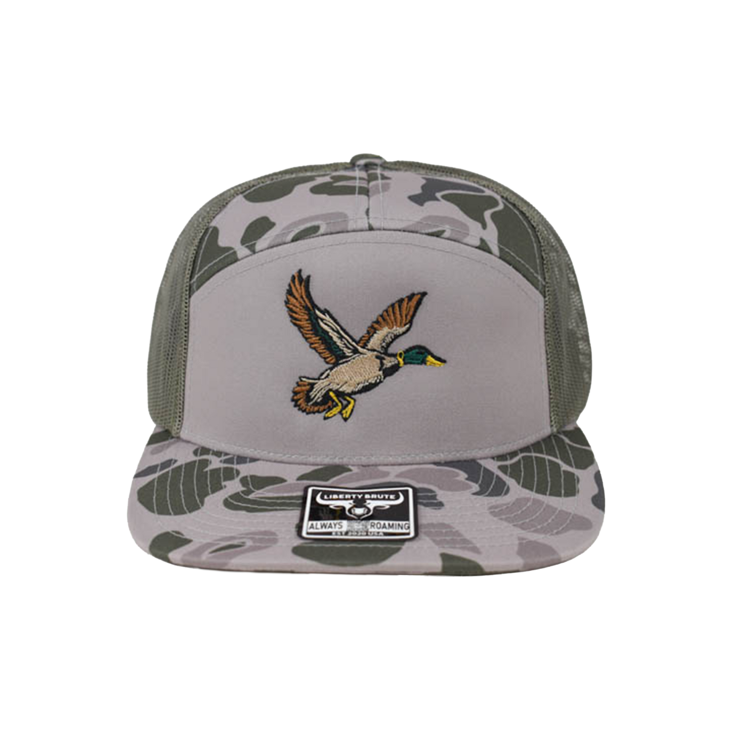 Liberty Brute: Flying Mallard Embroidery Cap, 7 Panel Style, Flat Bill